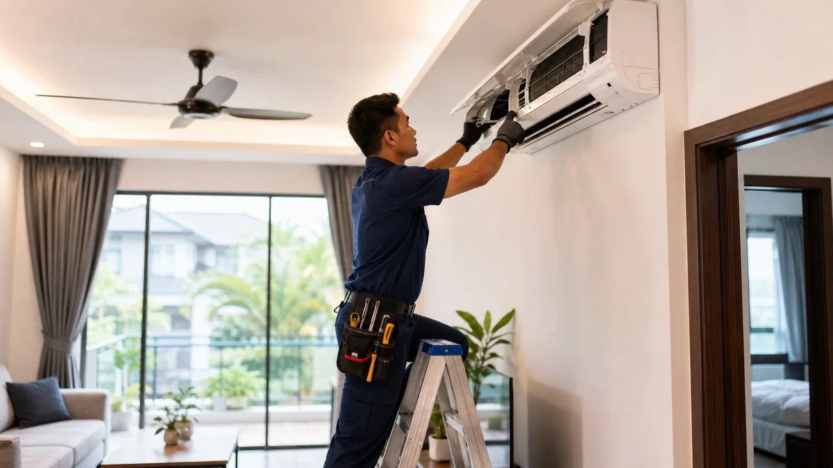 Concealed copper refrigerant piping and clean PVC trunking installation
