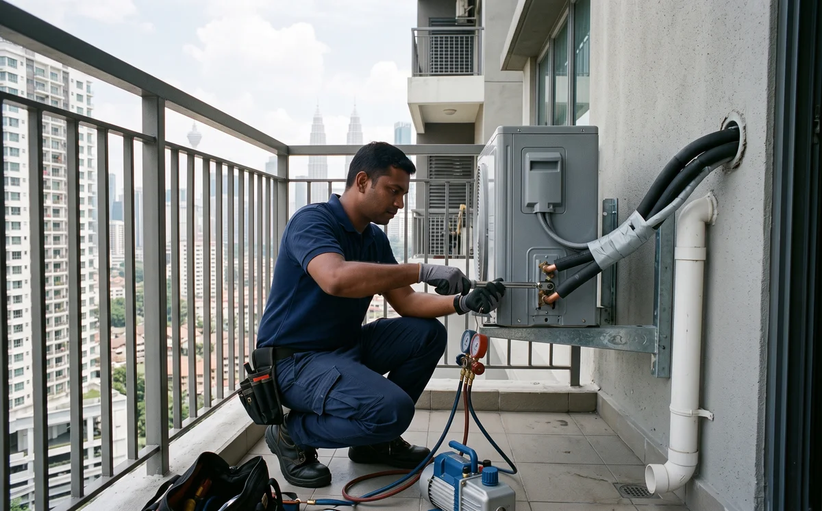 Owner-supplied outdoor aircond condenser image used for the Aircond Installation KL guide card