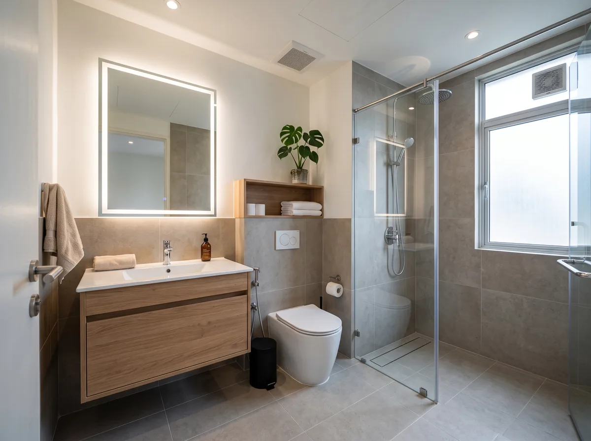 Modern bathroom remodeling with floor waterproofing and precision wall tiling