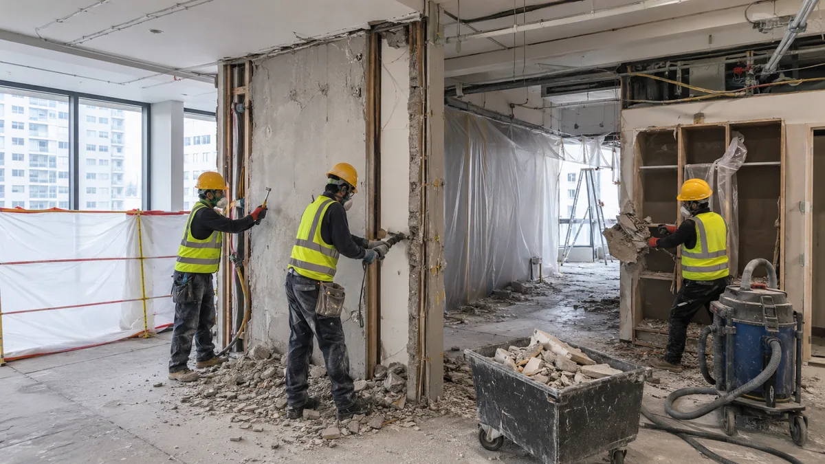 Demolition exposing water damaged substrate prior to waterproofing treatment
