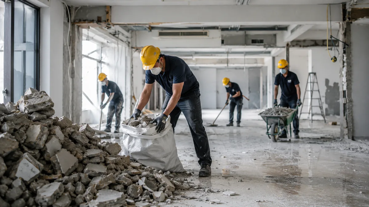 Demolition site preparation with safety hoarding and debris containment
