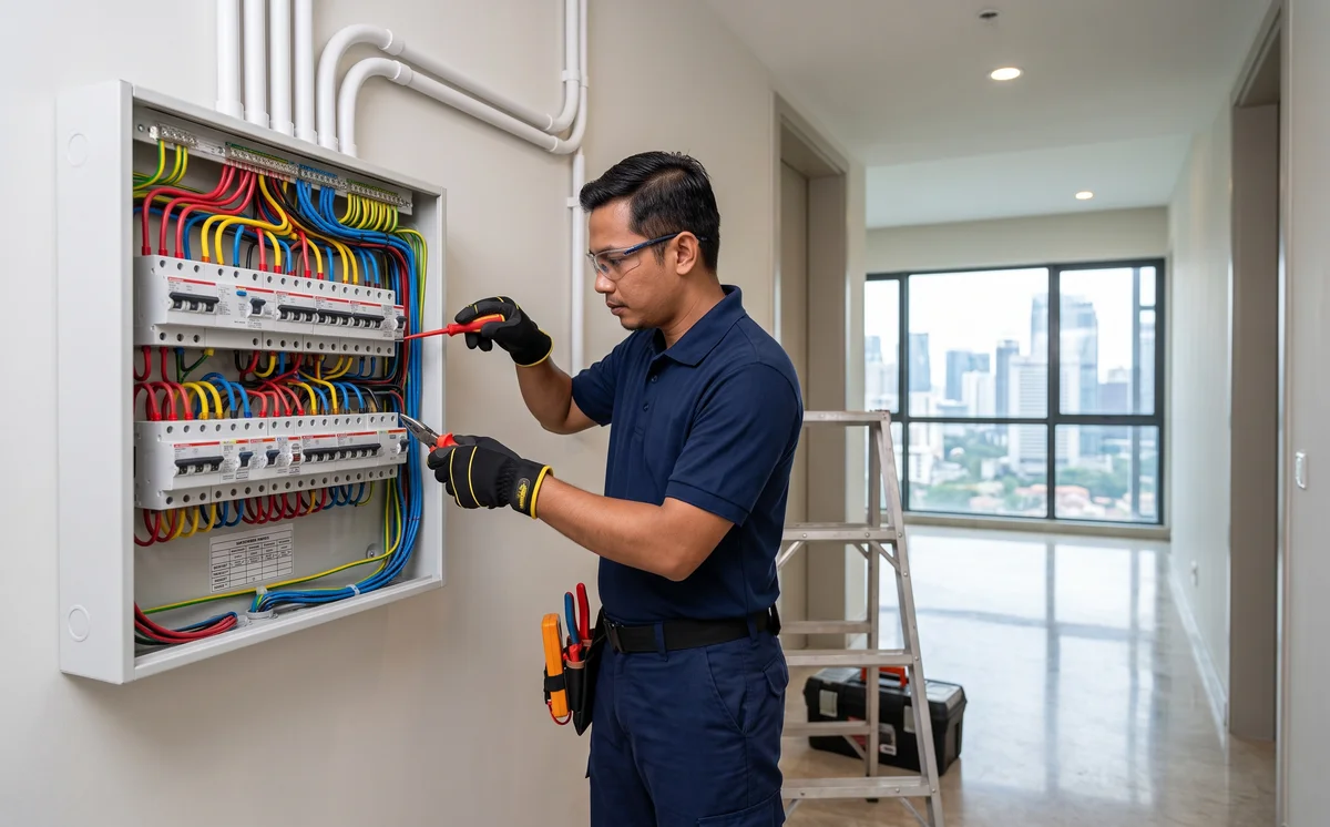 Electrician routing conduit wiring in distribution board