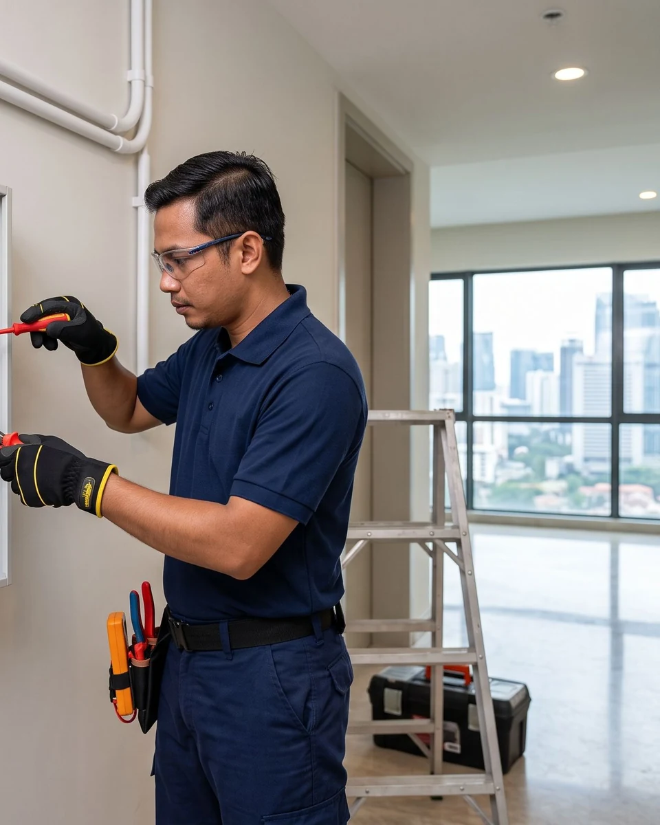 Electrician inspecting distribution board wiring and electrical installation in Selangor