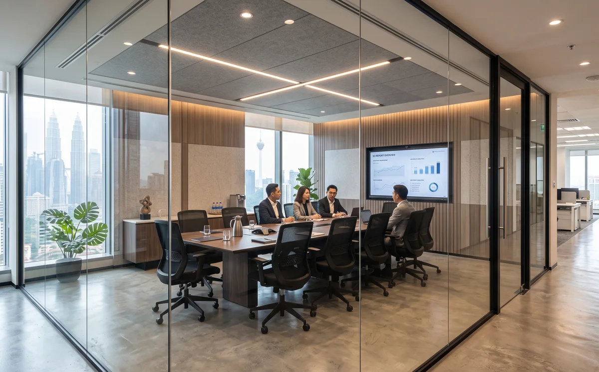 Commercial acoustic ceiling tile grid and clean perimeter gypsum border