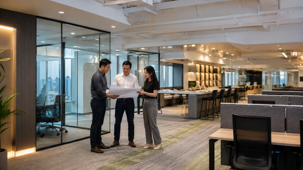 Modern office renovation with open-plan layout and partitions in Kuala Lumpur
