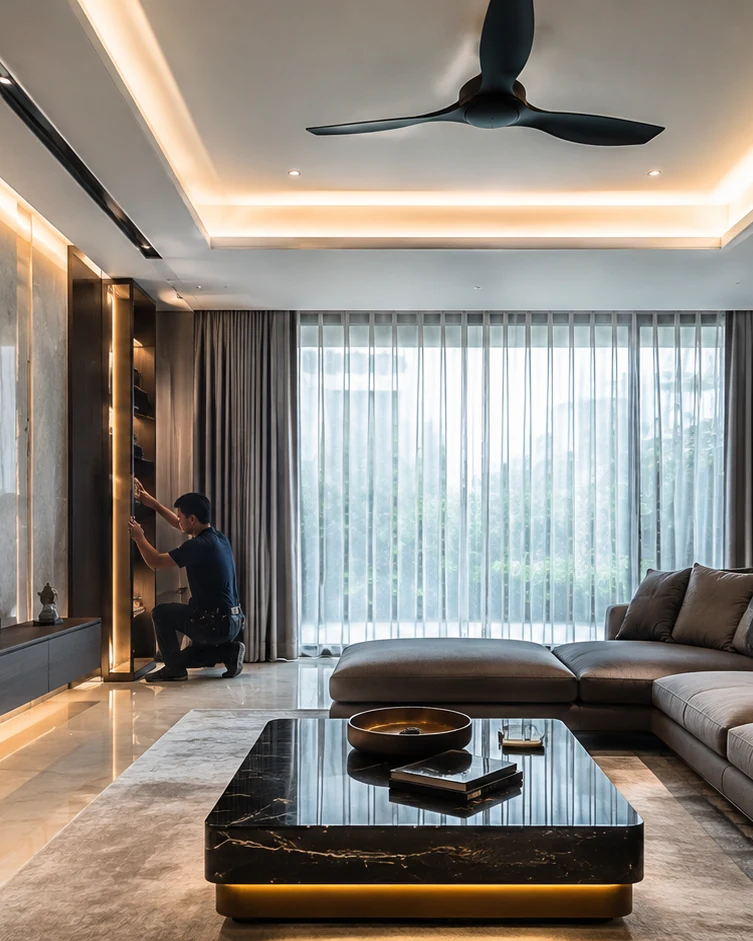 Modern L-box plaster ceiling with integrated lighting in Kuala Lumpur