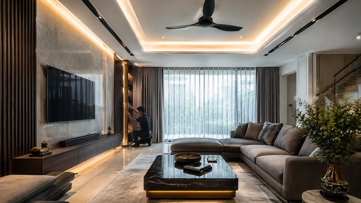 Plaster Ceiling Contractor KL installing modern L-box gypsum ceiling with cove lighting