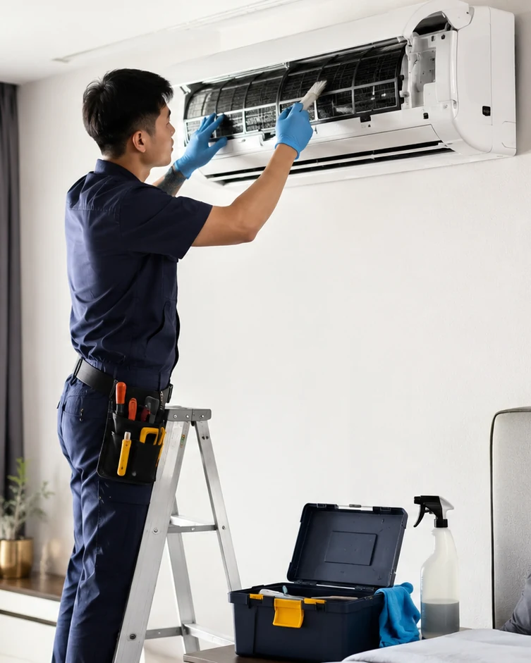Owner-supplied image of a wall-mounted aircond unit and service access area