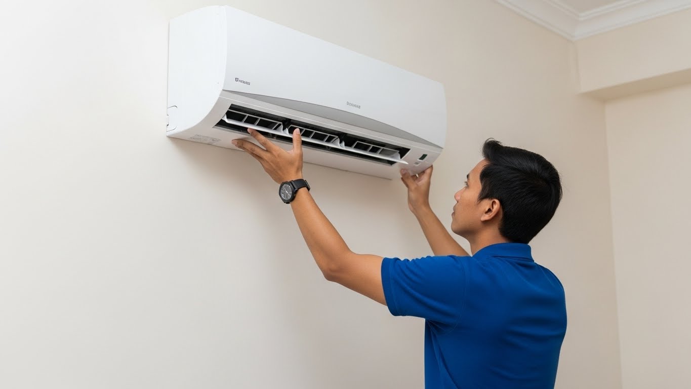 Aircond Installation KL technician installing split unit wall mounted air conditioner in Kuala Lumpur home