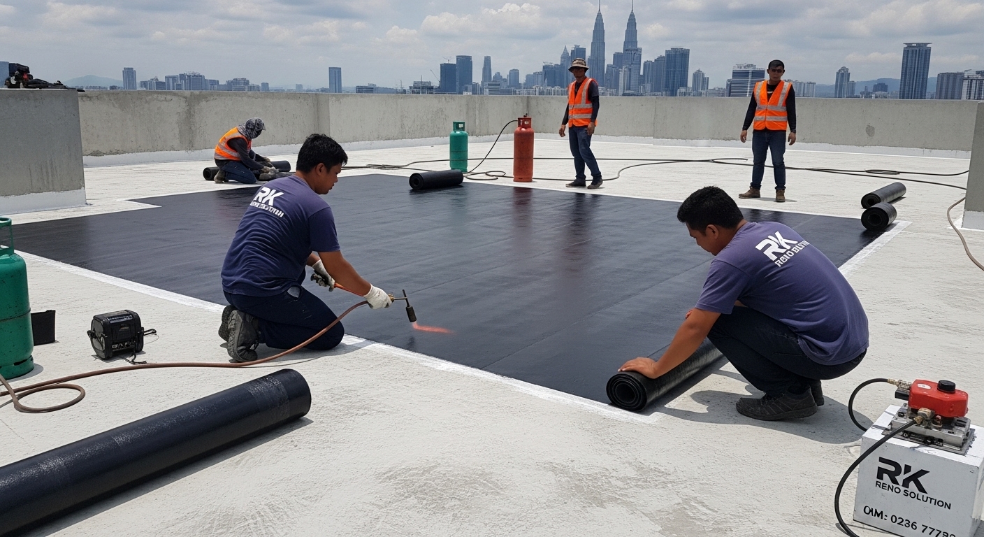 Applying torch-on membrane waterproofing on RC flat roof by Waterproofing Contractor Kuala Lumpur