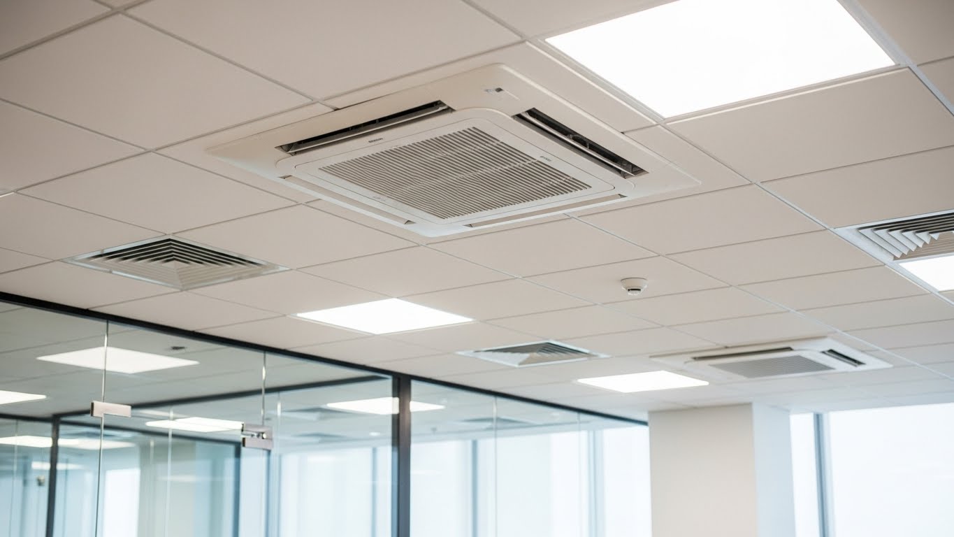 Commercial Aircond Installation KL showing ceiling cassette unit in modern office