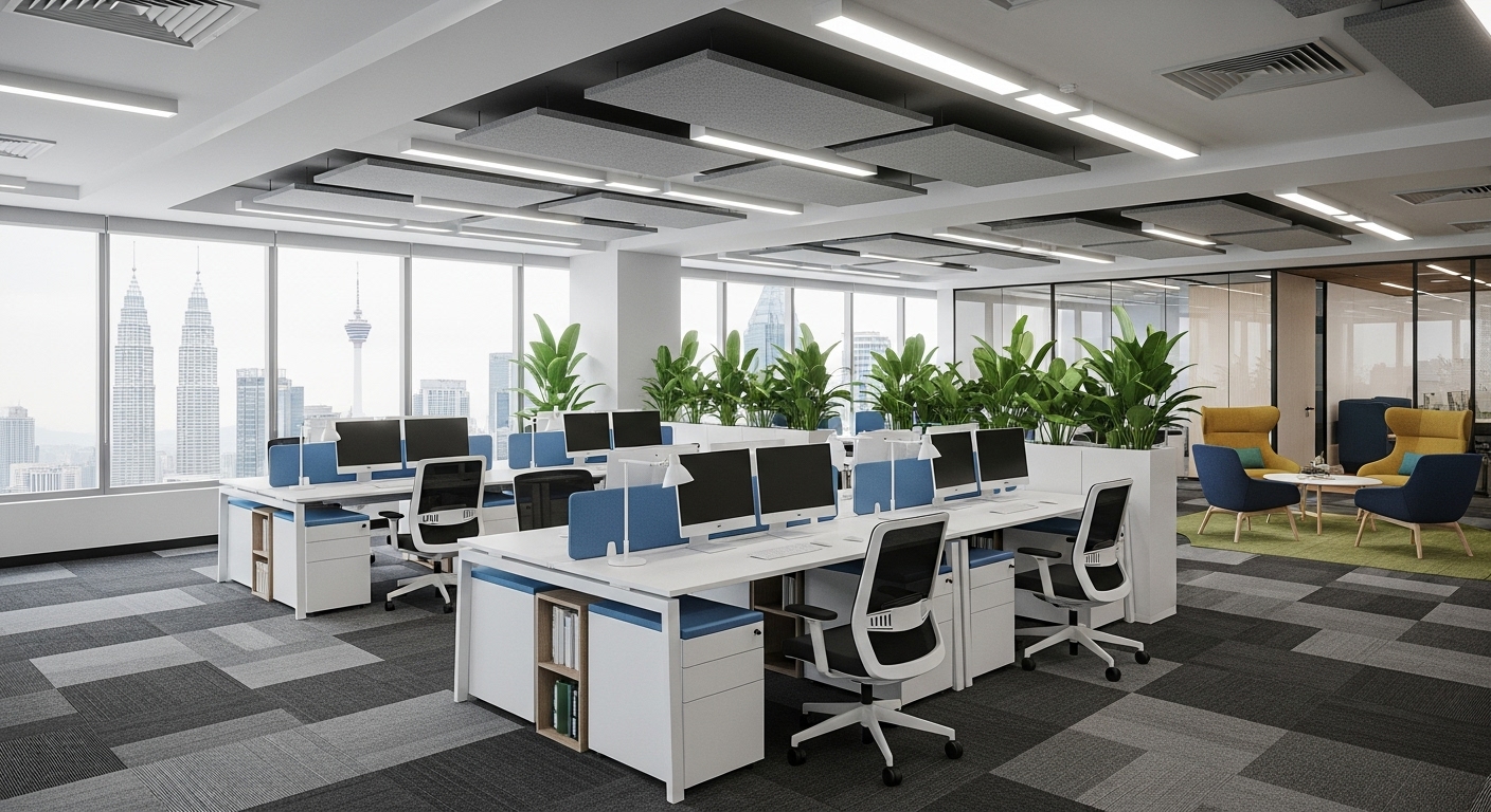 Detailed Office Renovation in Kuala Lumpur showing carpet flooring and workstation setup