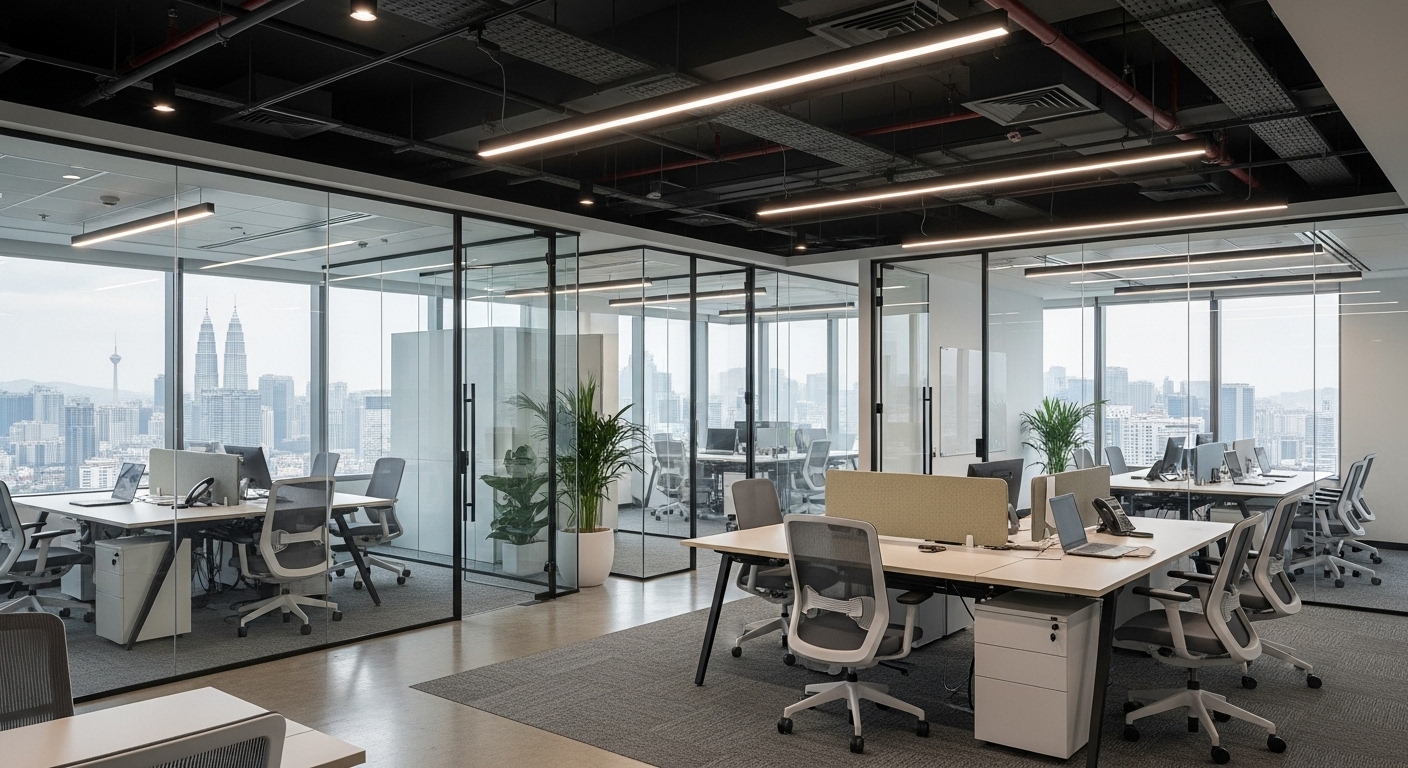 Modern Office Renovation in Kuala Lumpur featuring open plan layout and glass partitions