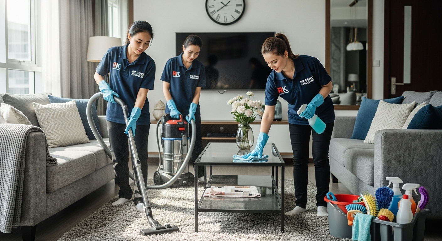 Professional Servis Cuci Rumah KL team performing deep cleaning in living room