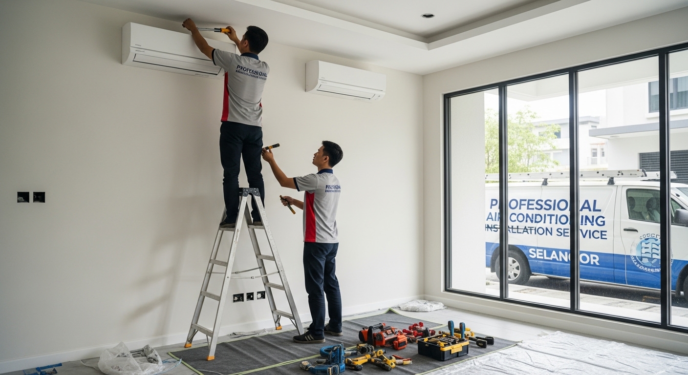 Professional Upah Pasang Aircond Selangor service featuring neatly installed wall unit