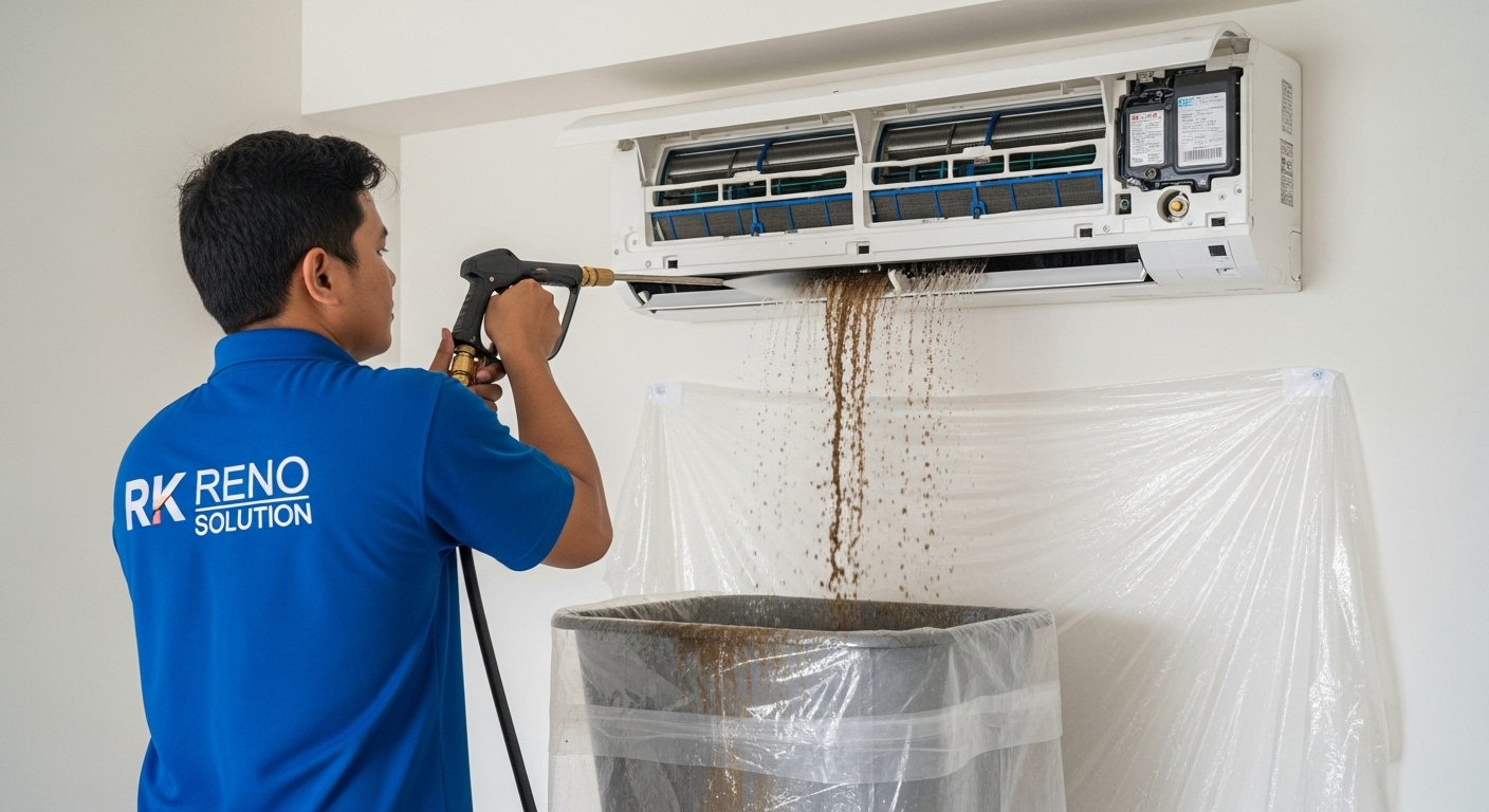 Servis Aircond Murah KL technician cleaning wall mounted unit filter