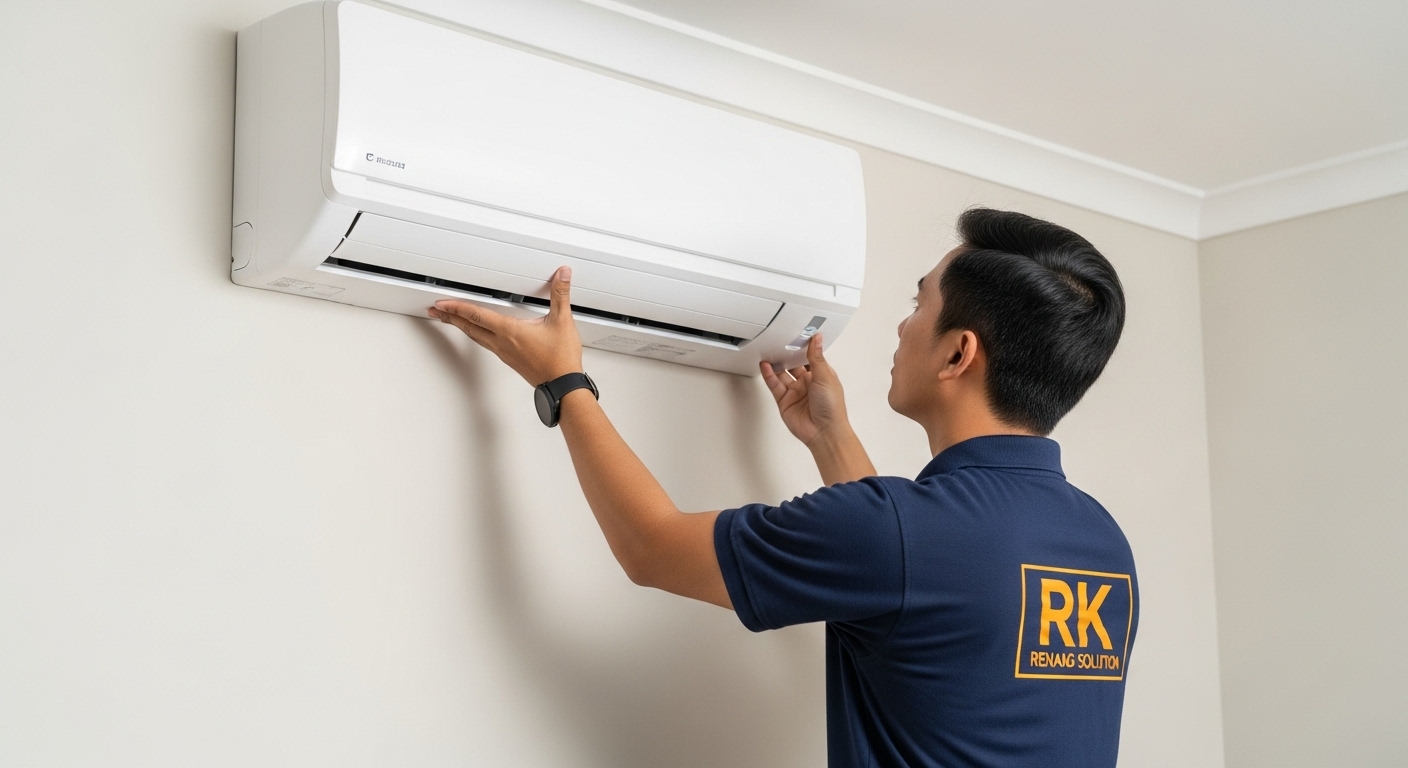 Upah Pasang Aircond Selangor technician installing wall mounted air conditioner in a home