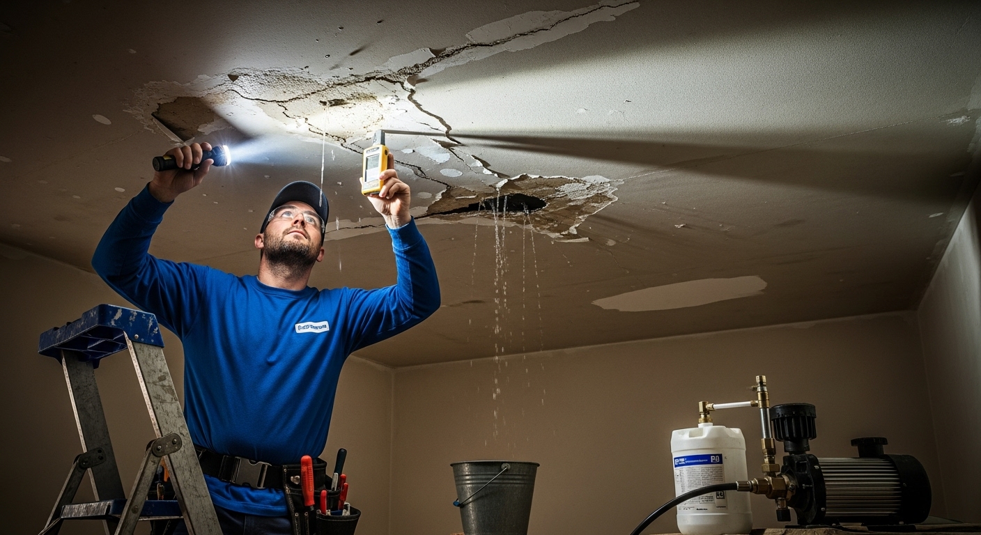 Waterproofing Contractor Kuala Lumpur technician inspecting ceiling leak for PU injection repair