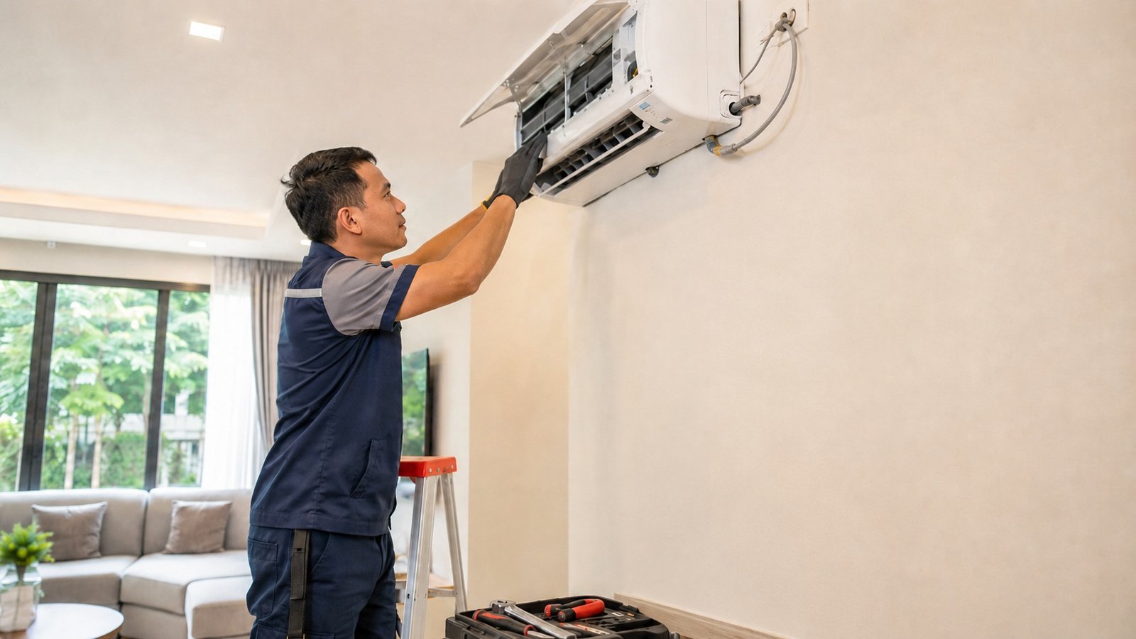 Upah Pasang Aircond Selangor technician installing wall mounted unit