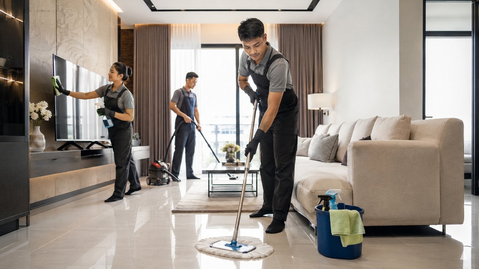 Professional Servis Cuci Rumah KL team performing deep cleaning in living room
